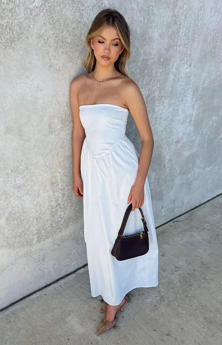 Jazlynn White Strapless Maxi Dress sold by Beginning Boutique