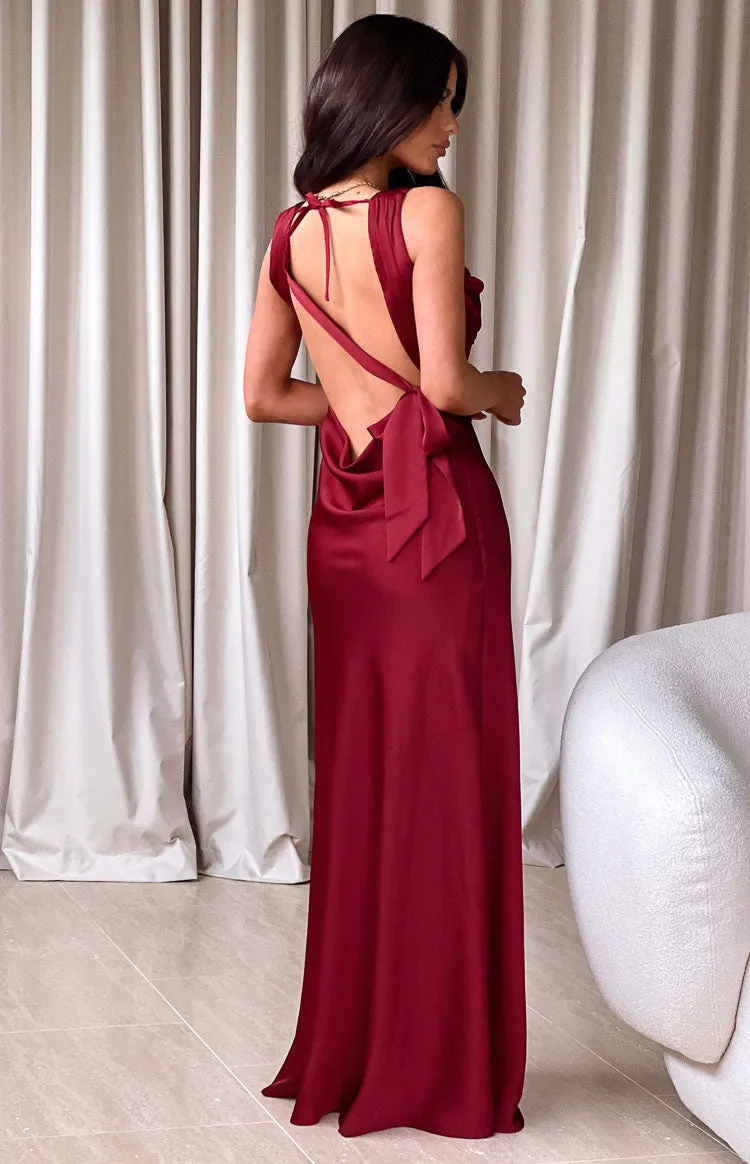 Laria Wine Satin Formal Maxi Dress sold by Beginning Boutique