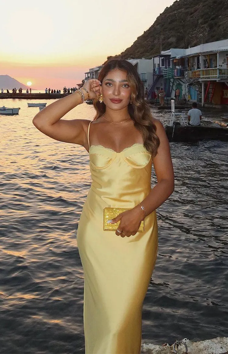 Mariana Yellow Lace Bust Midi Dress sold by Beginning Boutique