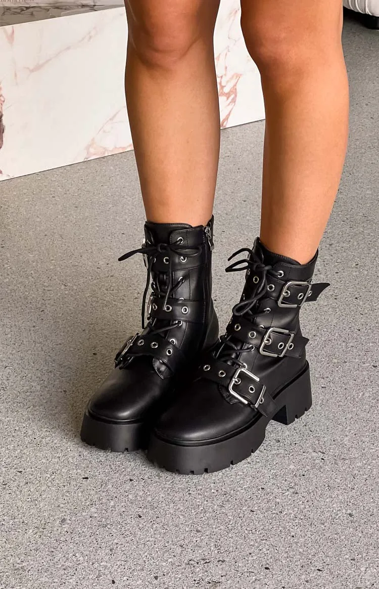 Billini Xyola Black Buckle Up Boots sold by Beginning Boutique