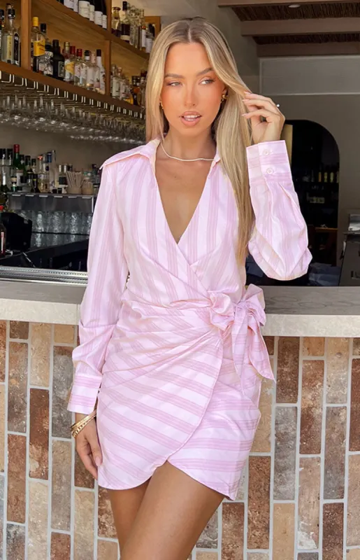 Holly Pink Stripe Tie Up Shirt Mini Dress sold by Beginning Boutique