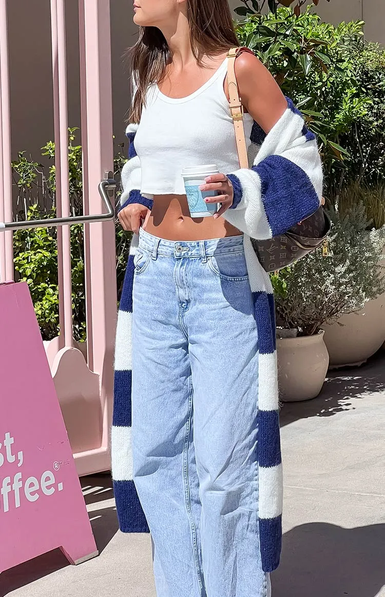 Thaddeus Blue And White Striped Knit Cardigan sold by Beginning Boutique