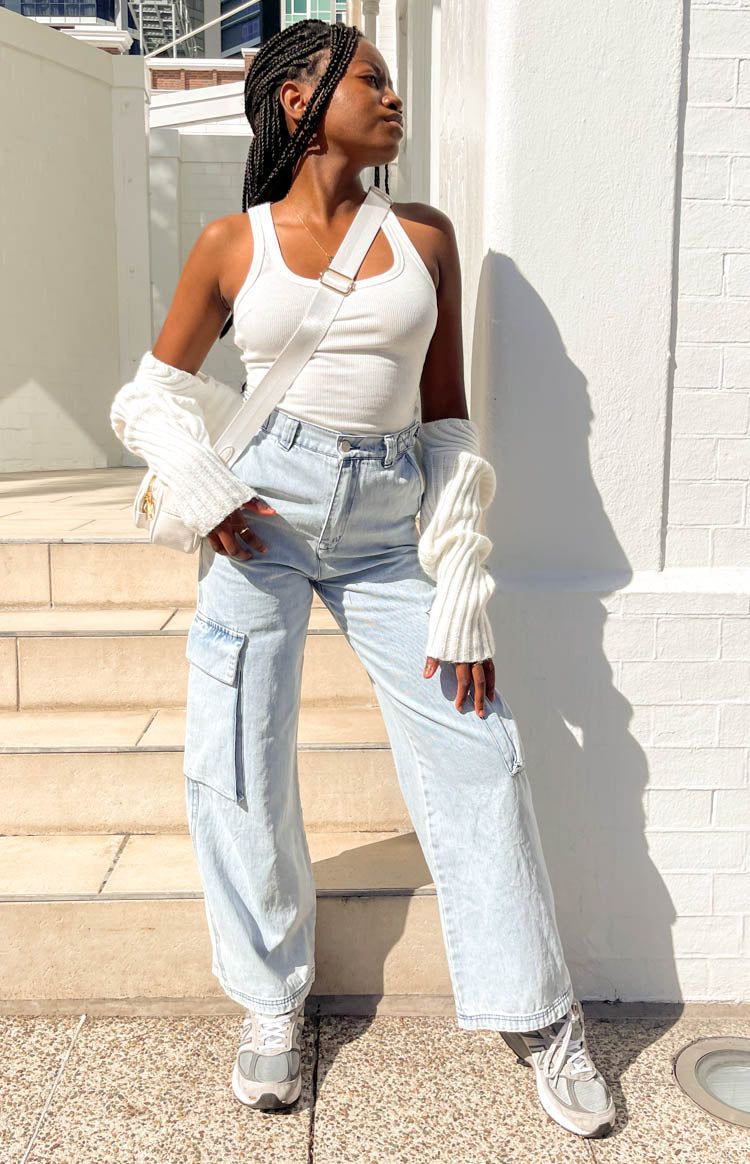 Helley Blue Denim Cargo Pants sold by Beginning Boutique