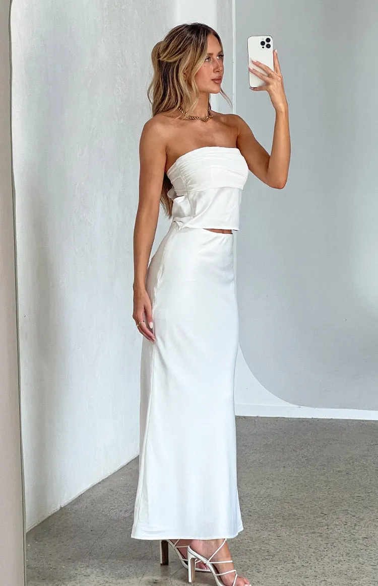 Genevieve White Satin Maxi Skirt sold by Beginning Boutique