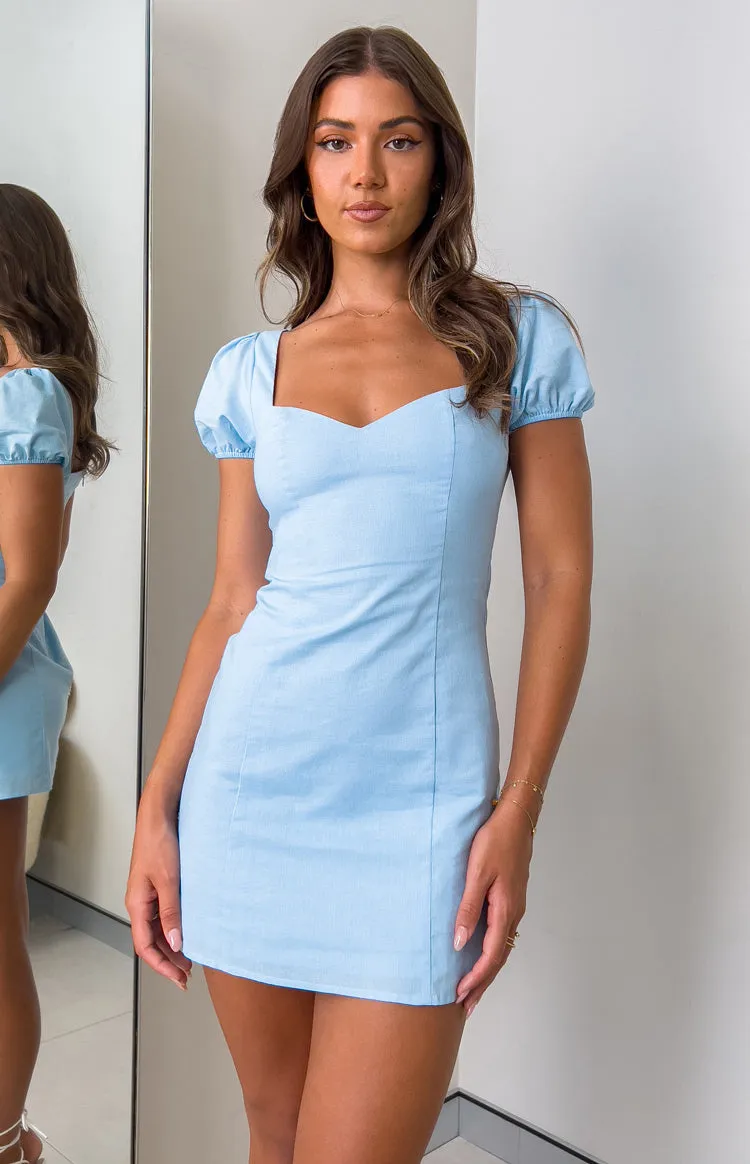 Bianka Blue Linen Blend Mini Dress sold by Beginning Boutique