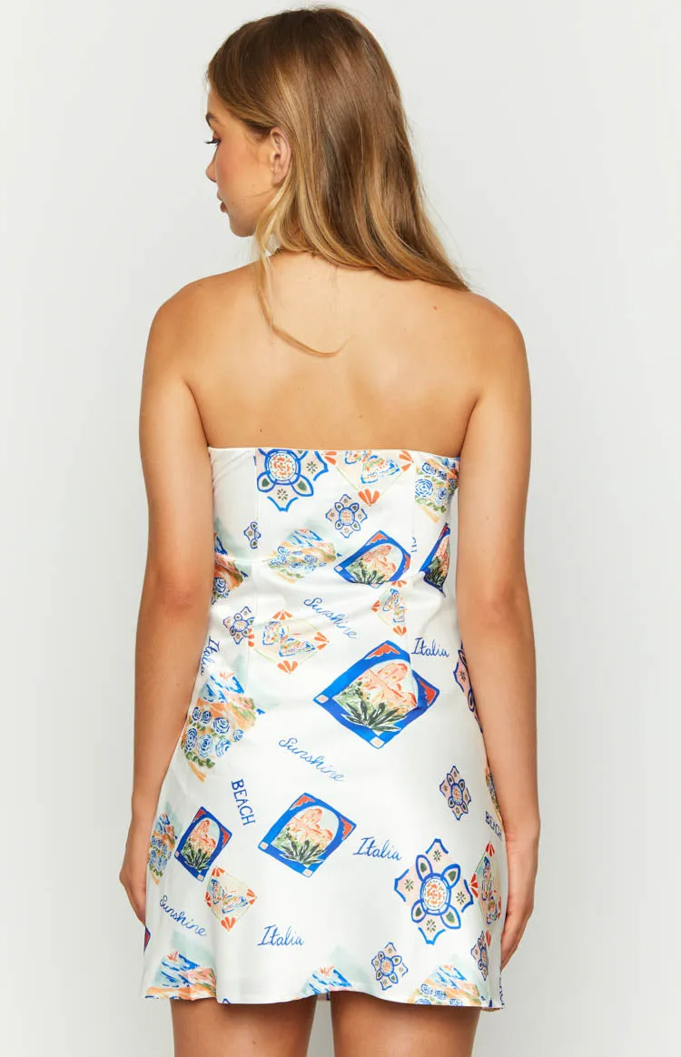 Orion White Italia Print Strapless Mini Dress sold by Beginning Boutique product image thumbnail 5