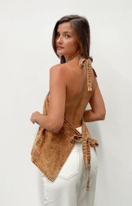 Lioness Hills Halter Stonewash Top sold by Beginning Boutique