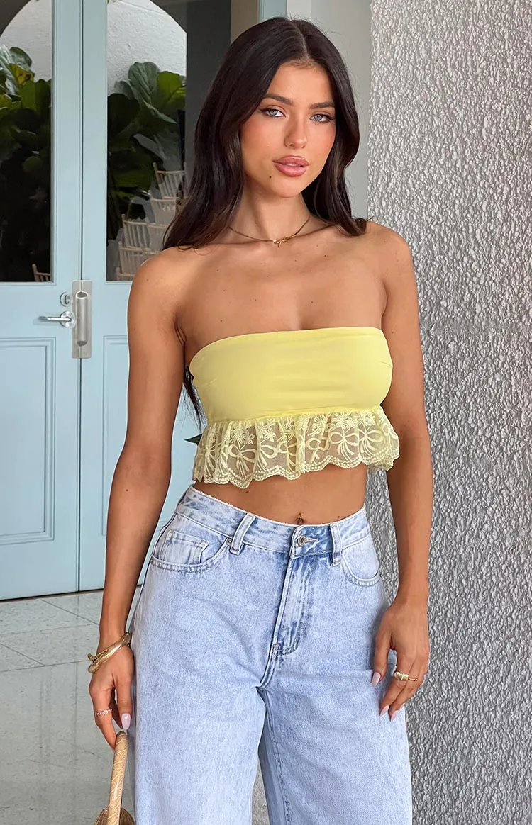 Sparrow Yellow Lace Frill Strapless Crop Top sold by Beginning Boutique