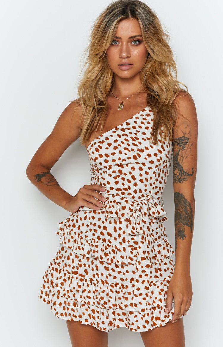 Move On Up Mini Dress Tan Spot sold by Beginning Boutique