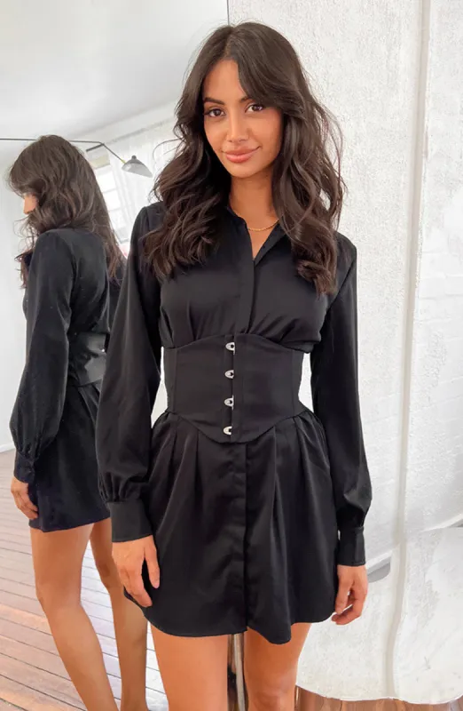 Social Black Mini Shirt Dress sold by Beginning Boutique