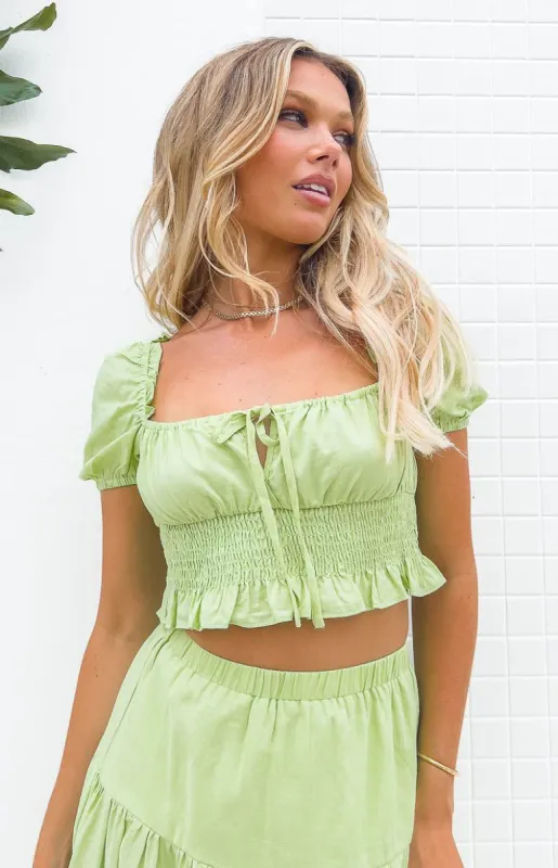 Ruthie Green Linen Blend Puff Sleeve Top sold by Beginning Boutique