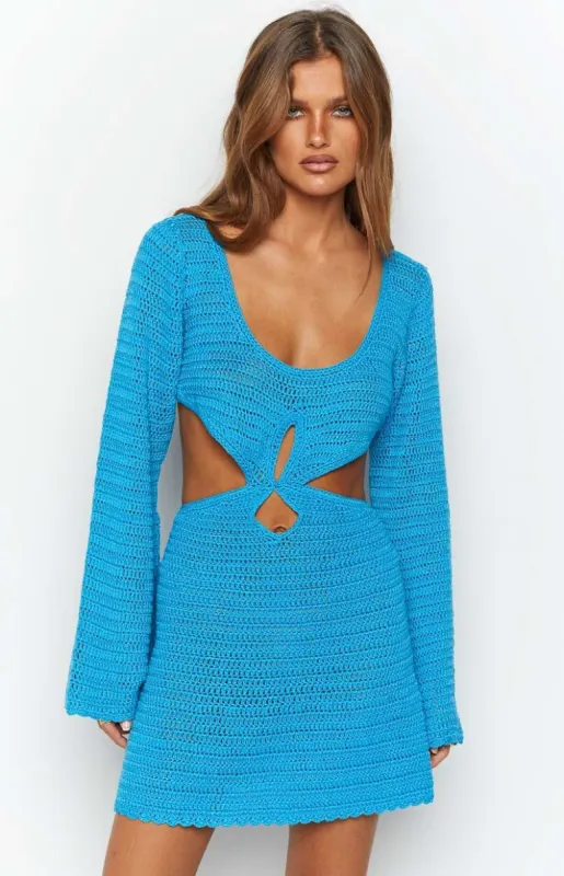 Astrid Blue Crochet Mini Dress sold by Beginning Boutique