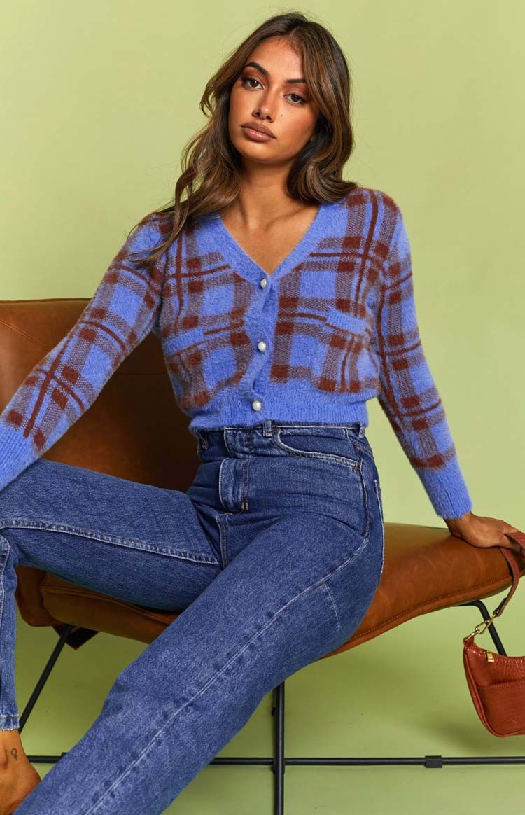 Hannah Checked Cardigan Blue sold by Beginning Boutique