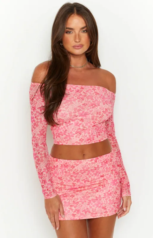 Addison Pink Off The Shoulder Mesh Top sold by Beginning Boutique