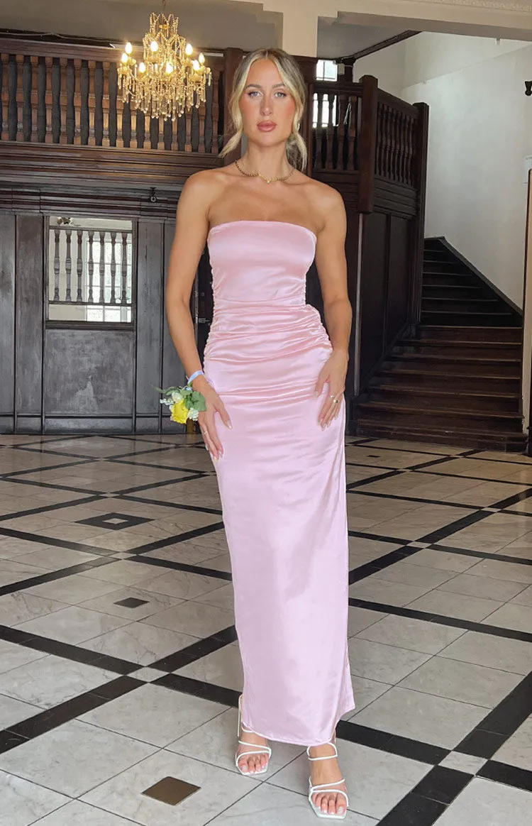 Pink Bloom Satin Strapless Maxi Dress sold by Beginning Boutique