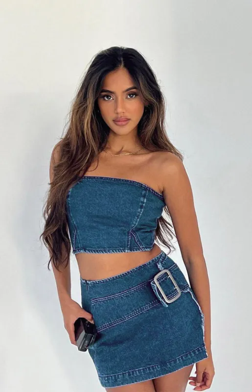 Elouise Denim Tube Top sold by Beginning Boutique