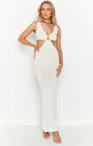 Dalaney Cream Knitted Ring Midi Dress sold by Beginning Boutique