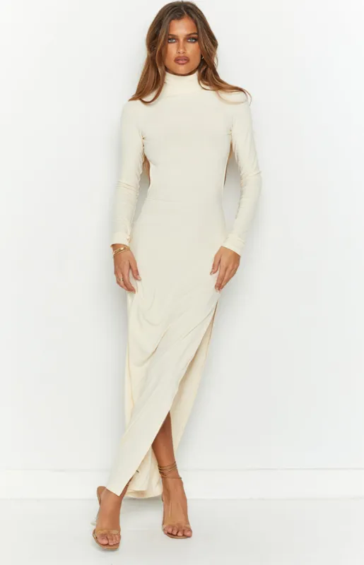 Quincy Beige Open Back Midi Dress sold by Beginning Boutique