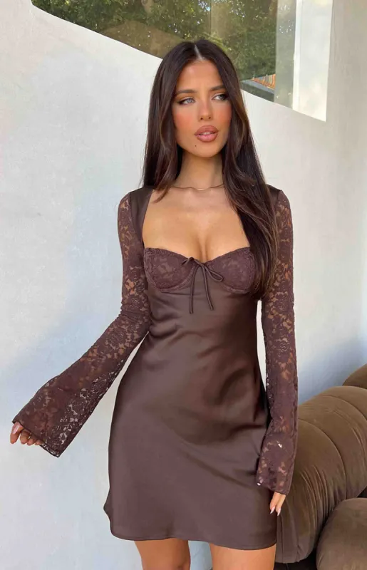 Viola Brown Long Sleeve Mini Dress sold by Beginning Boutique