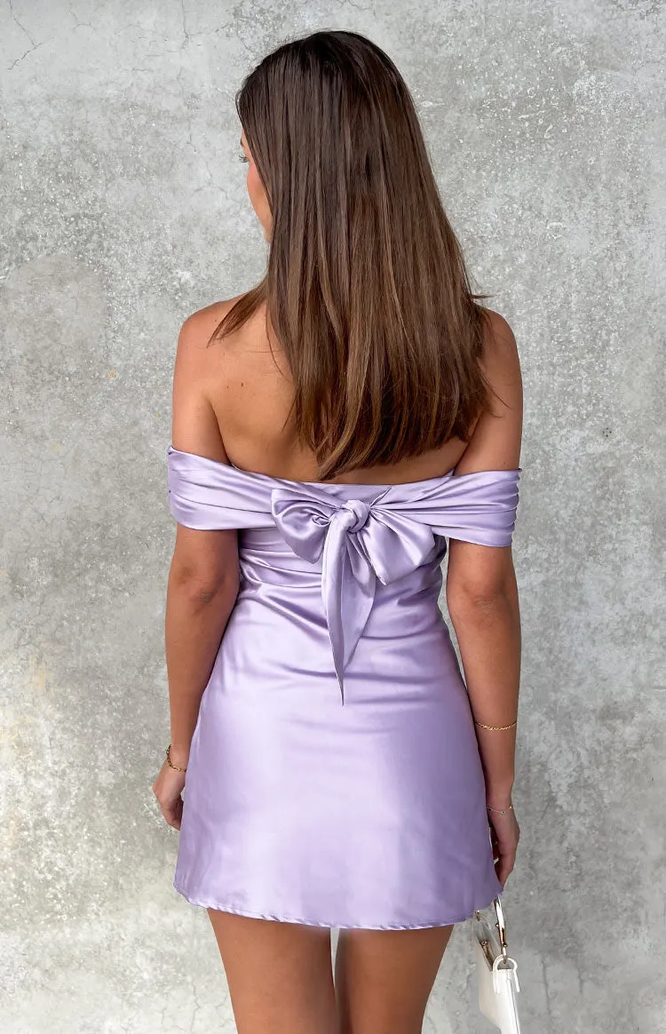 Primrose Purple Satin Off the Shoulder Mini Dress sold by Beginning Boutique
