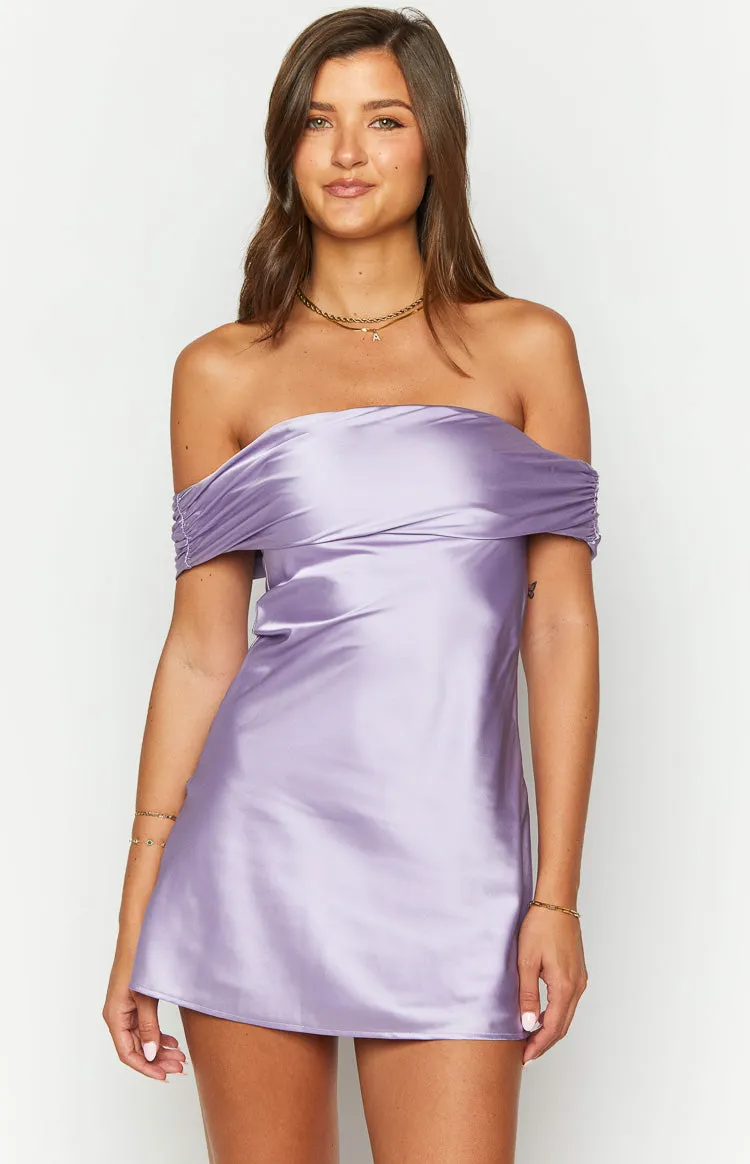 Primrose Purple Satin Off the Shoulder Mini Dress sold by Beginning Boutique product image thumbnail 2