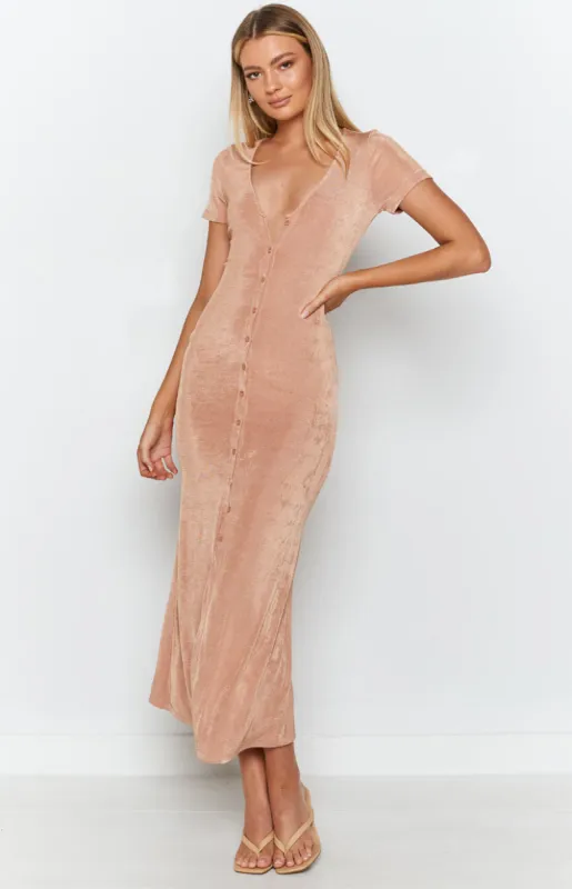 Tallulah Buttoned Maxi Dress Nude sold by Beginning Boutique