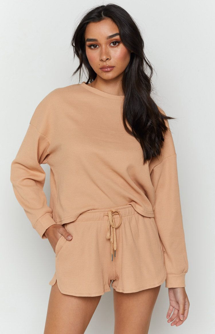 Steph Long Sleeve Waffle Top Tan sold by Beginning Boutique
