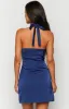Kai Blue Satin Halter Mini Dress sold by Beginning Boutique