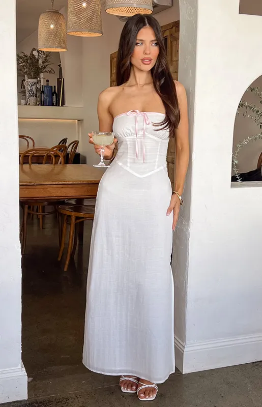 Vanity White Strapless Maxi Dress sold by Beginning Boutique