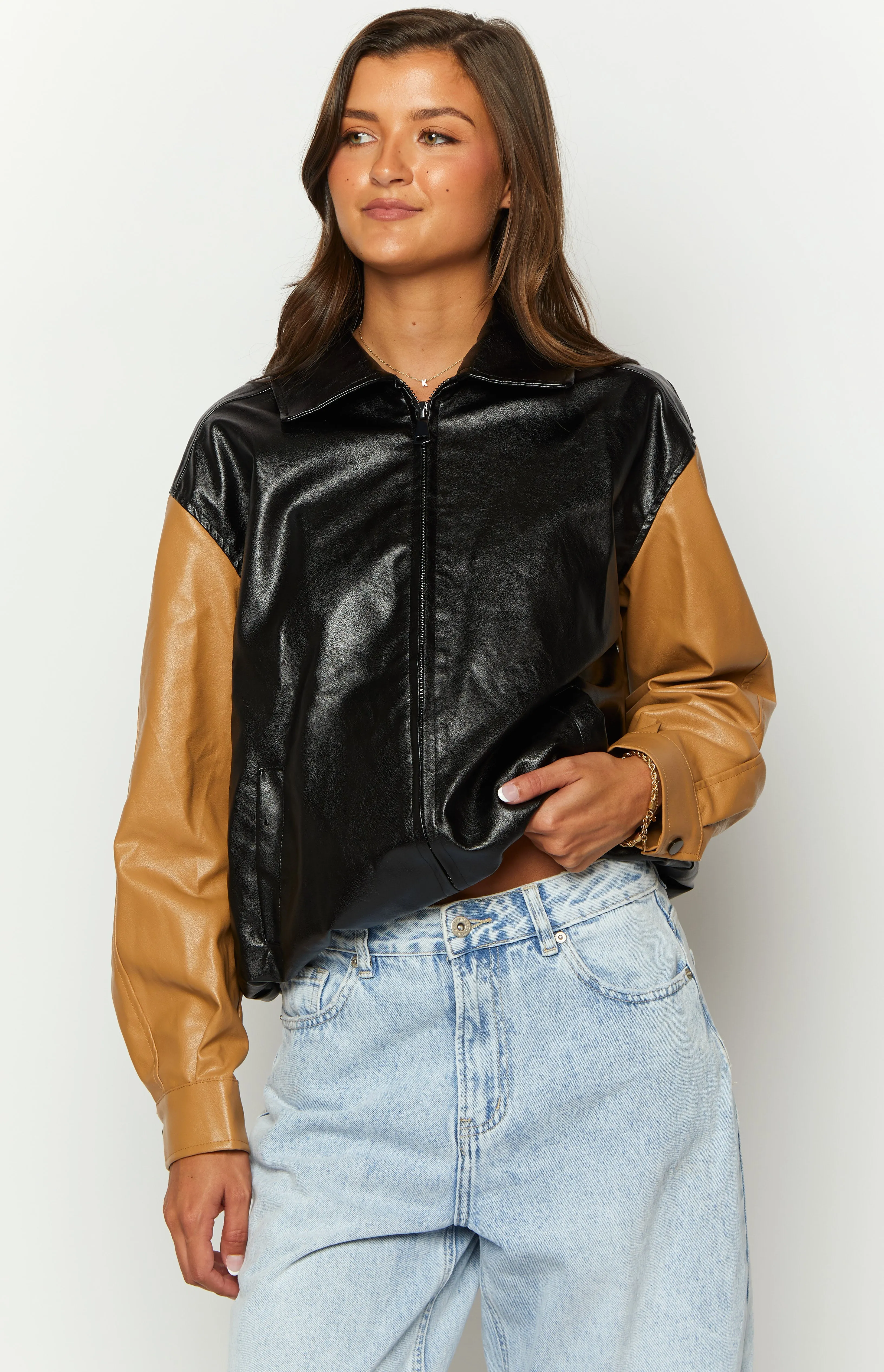 Abbi PU Black And Brown Contrast Bomber Jacket sold by Beginning Boutique product image thumbnail 2