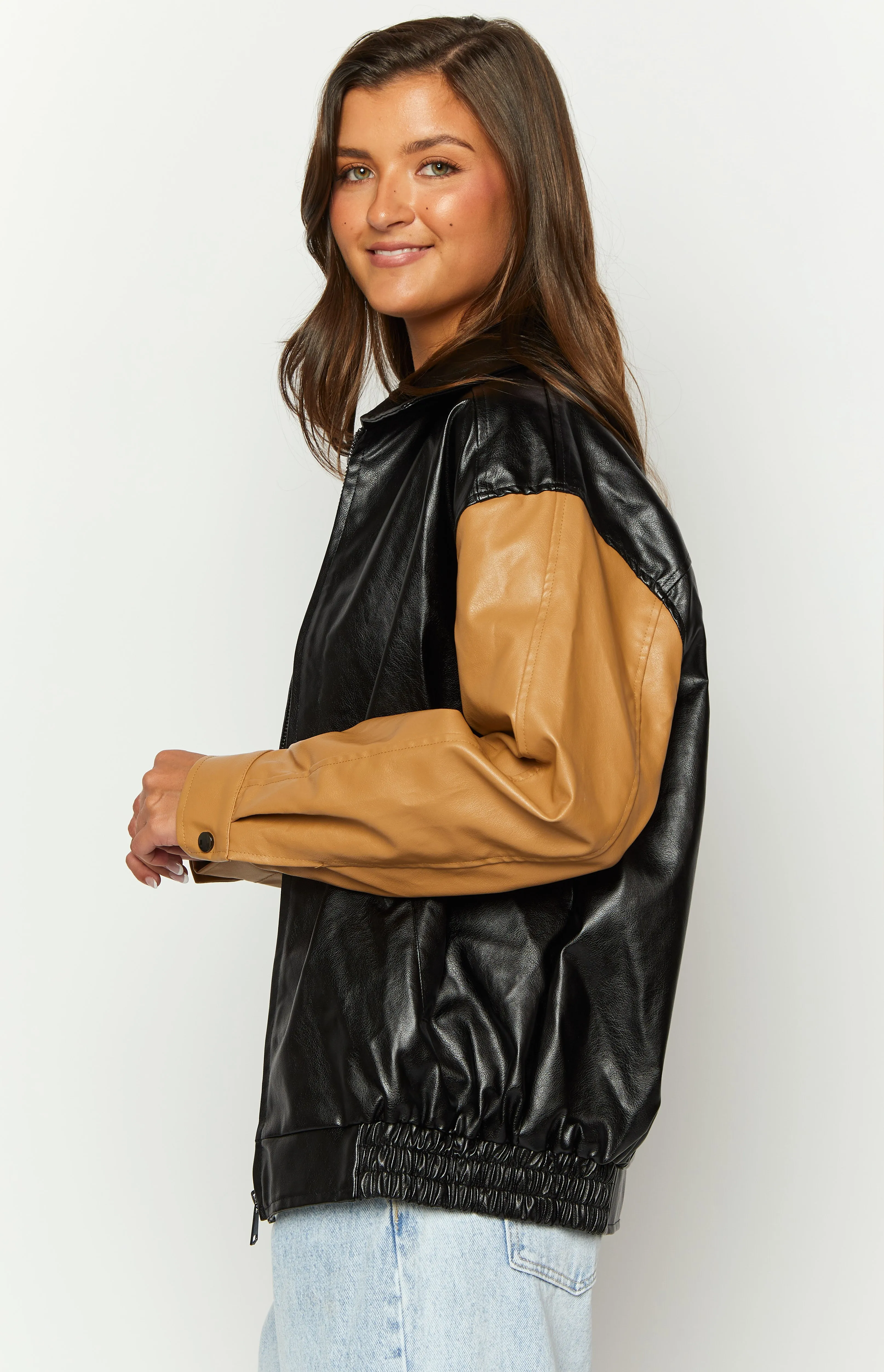Abbi PU Black And Brown Contrast Bomber Jacket sold by Beginning Boutique product image thumbnail 4