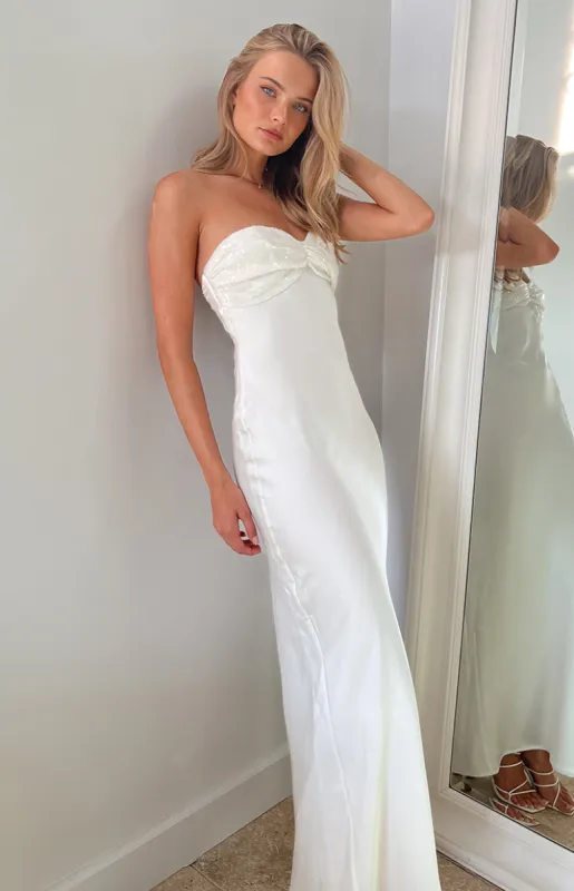 Ashley White Sequin Formal Maxi Dress sold by Beginning Boutique