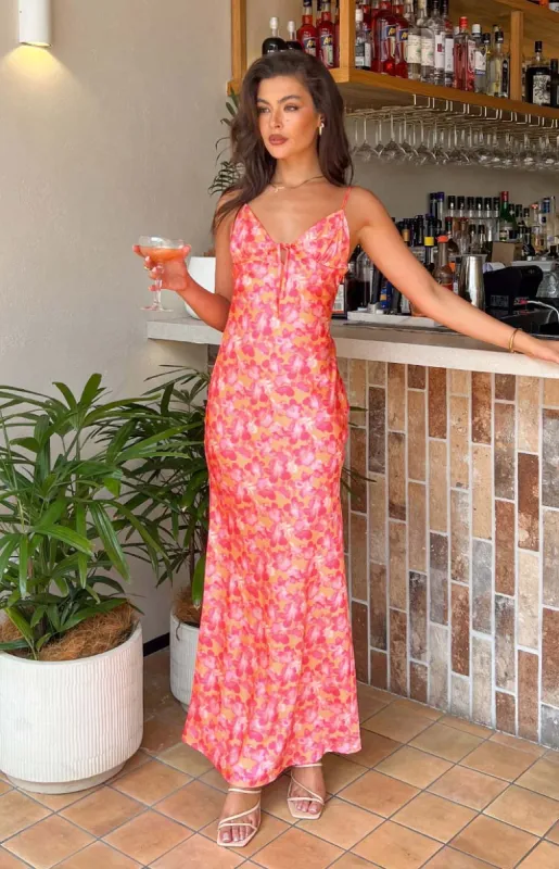 Jude Orange Floral Print Maxi Formal Dress sold by Beginning Boutique