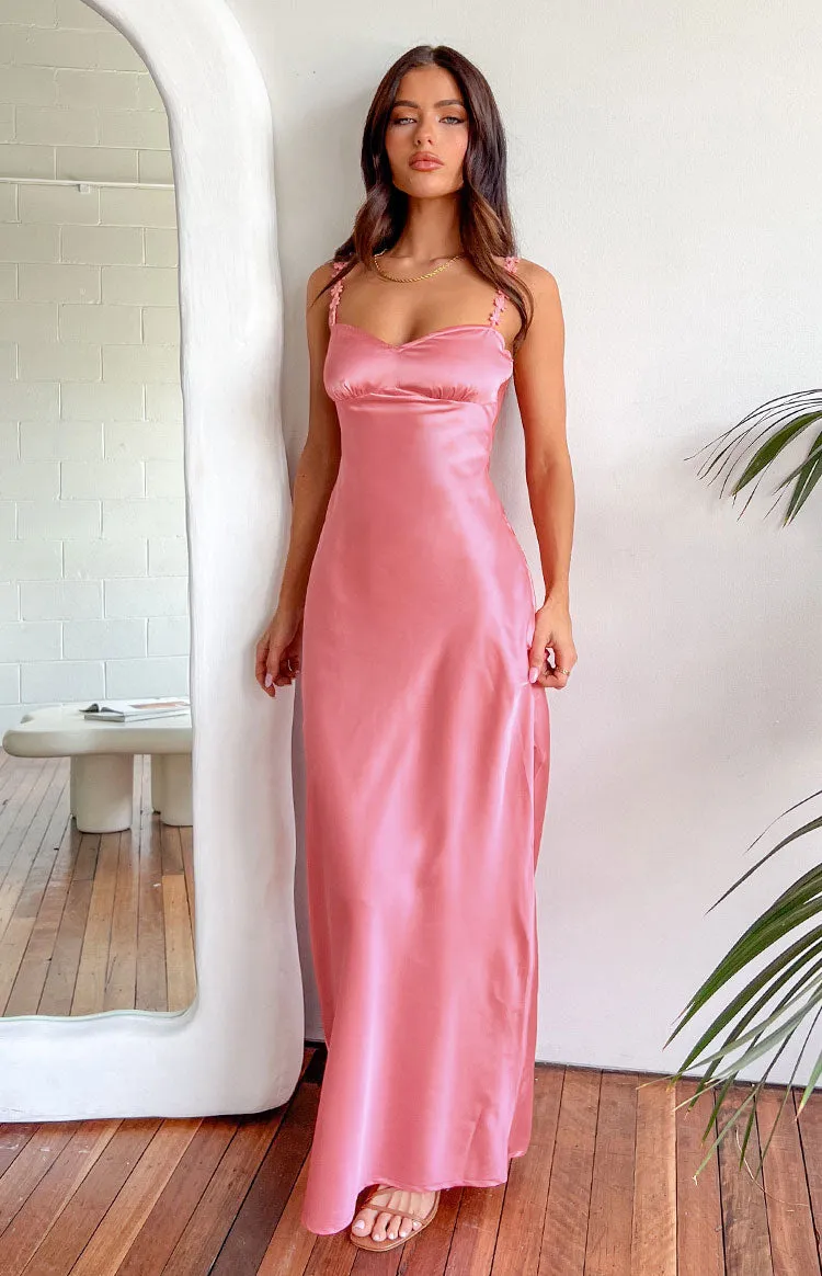 Marbelle Pink Satin Maxi Dress sold by Beginning Boutique