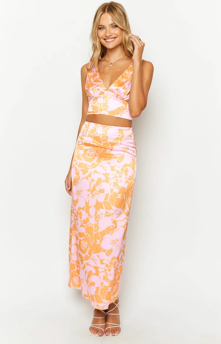 Dahlia Orange And Pink Floral Print Maxi Skirt sold by Beginning Boutique product image thumbnail 3