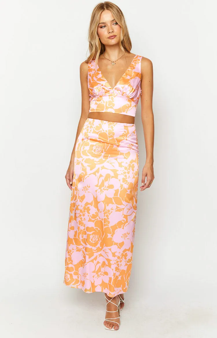 Dahlia Orange And Pink Floral Print Maxi Skirt sold by Beginning Boutique product image thumbnail 2