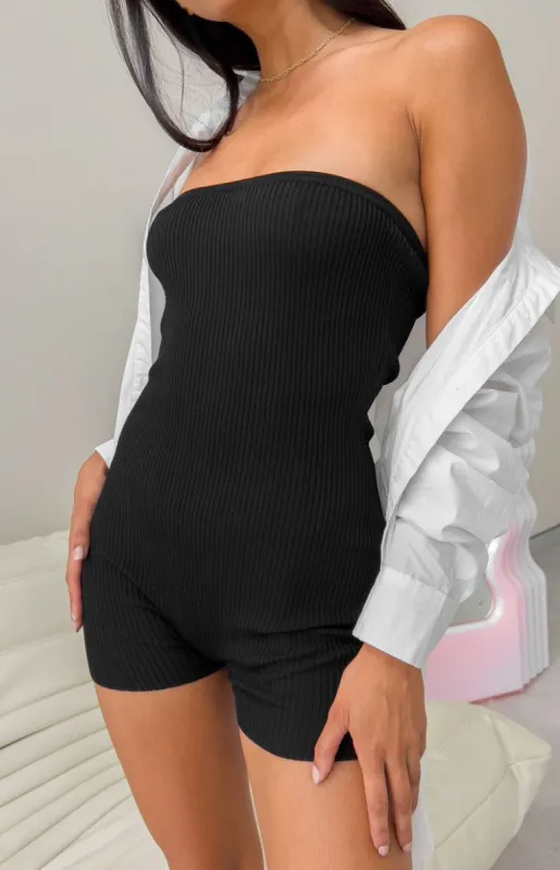 Soul Black Strapless Rib Playsuit sold by Beginning Boutique