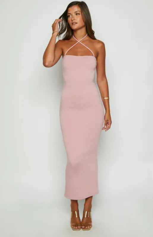 Brynlee Pink Halter Midi Dress sold by Beginning Boutique