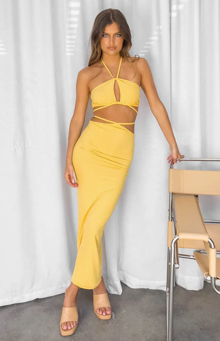 Whatever Your Mood Yellow Midi Dress sold by Beginning Boutique