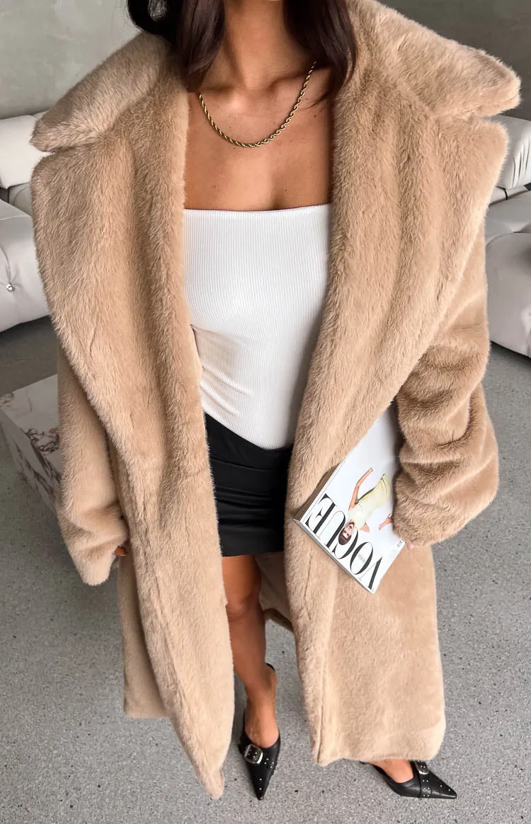 Lyrae Brown Full Length Faux Fur Coat sold by Beginning Boutique