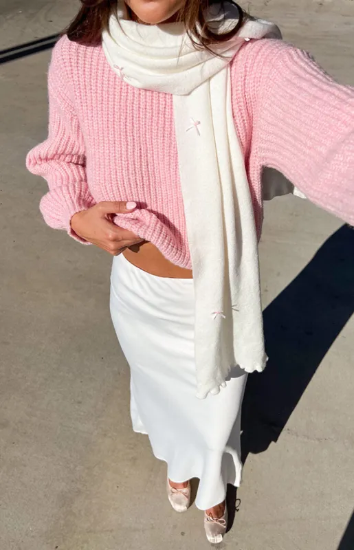 Izzy White Knitted Bow Scarf sold by Beginning Boutique