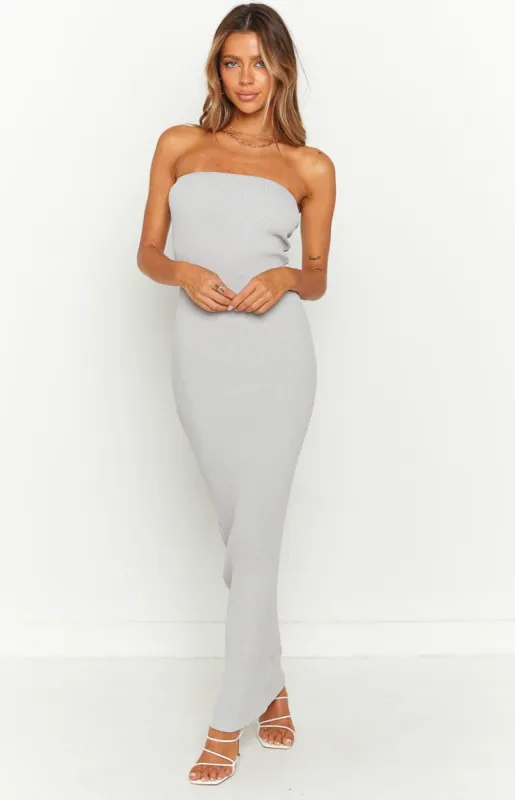 Stranger Grey Strapless Knit Maxi Dress sold by Beginning Boutique