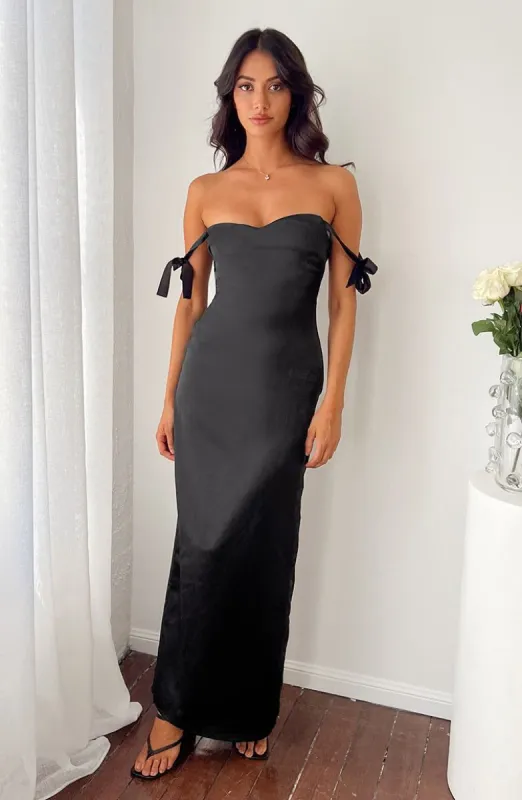 Sheridan Black Satin Maxi Dress sold by Beginning Boutique