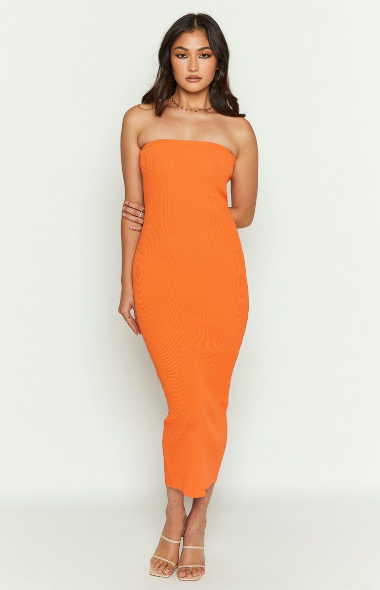 Rebecca Orange Strapless Knit Midi Dress sold by Beginning Boutique