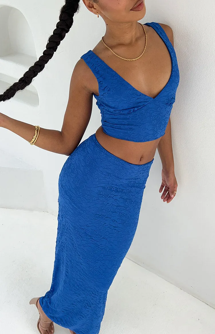 Mimosa Blue Lace Maxi Skirt sold by Beginning Boutique