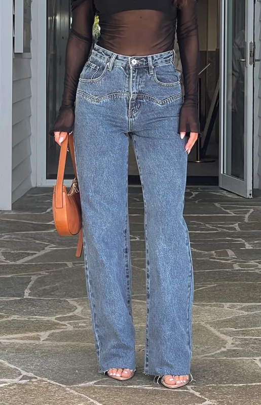 Catch Up Mid Wash Straight Leg Denim Jeans sold by Beginning Boutique