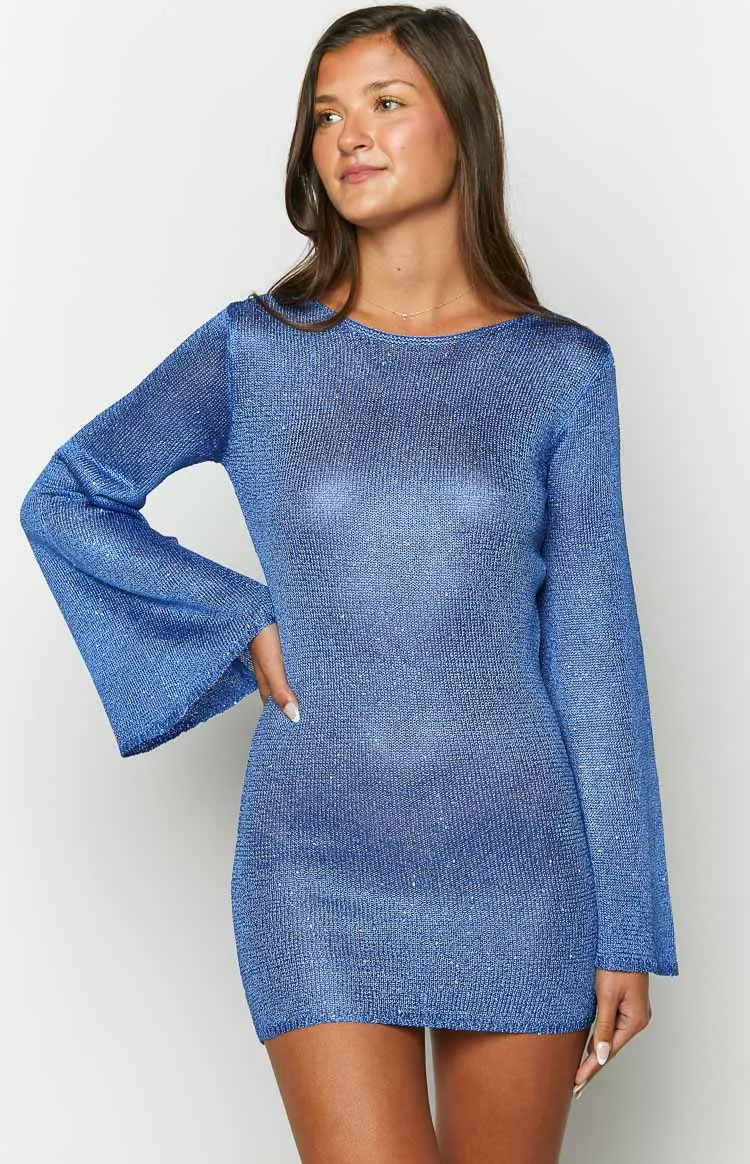 Alyiah Blue Sequin Knit Long Sleeve Mini Dress sold by Beginning Boutique product image thumbnail 3