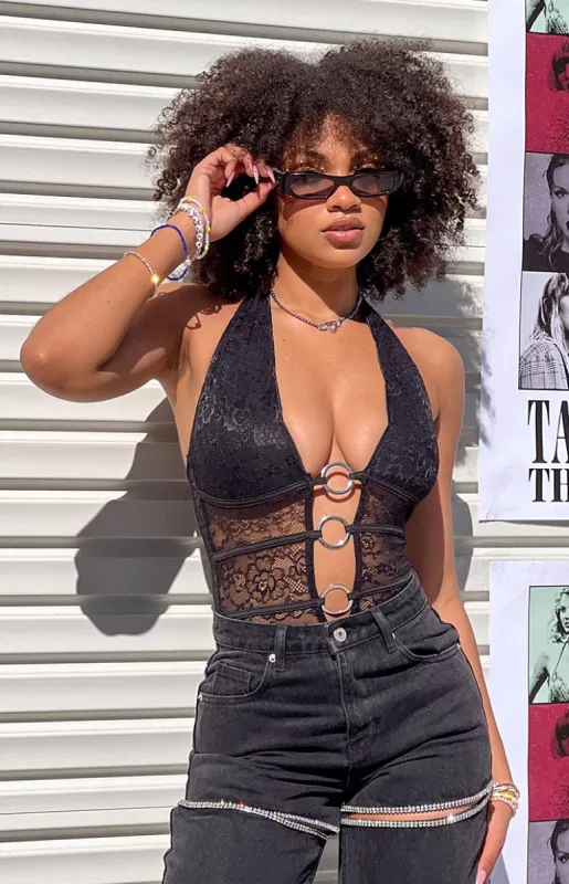 Tatiana Black Lace Halter Bodysuit sold by Beginning Boutique