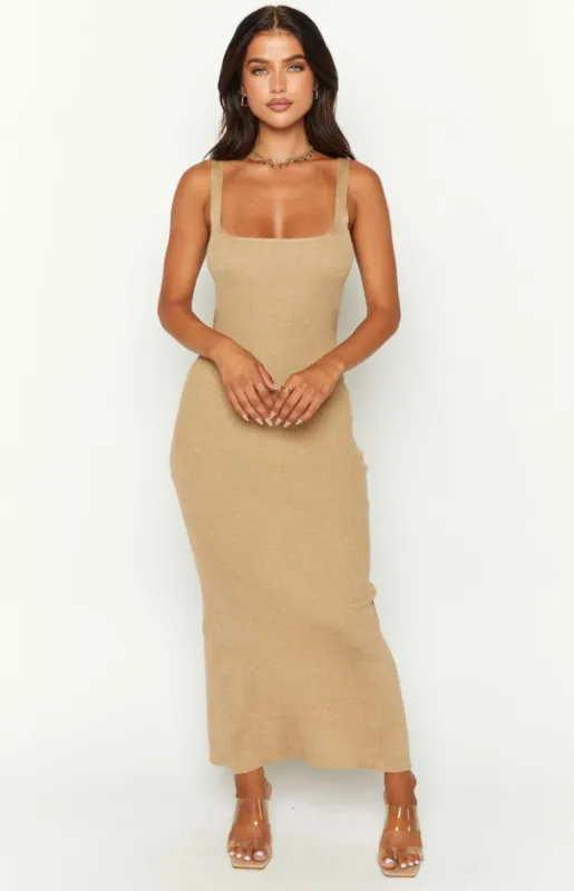 Shiloh Tan Knit Midi Dress sold by Beginning Boutique