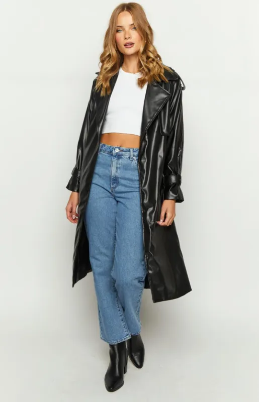 Midnight Mirage Black PU Trench sold by Beginning Boutique